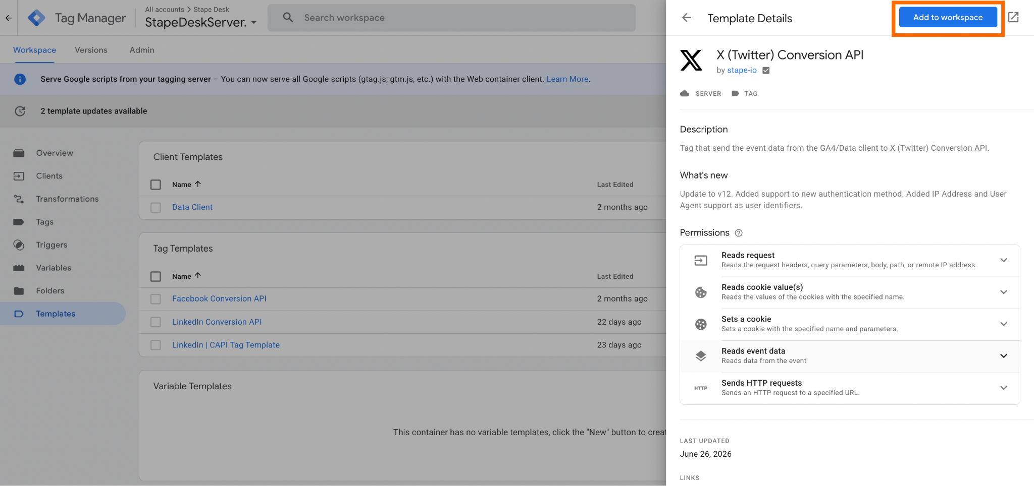 Add “X (Twitter) Conversion API tag” to the server GTM container.