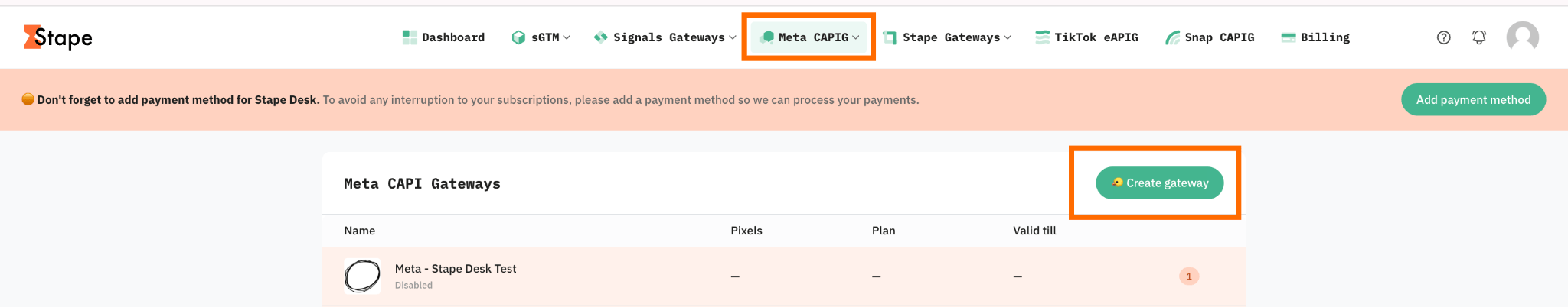 Create Gateway button