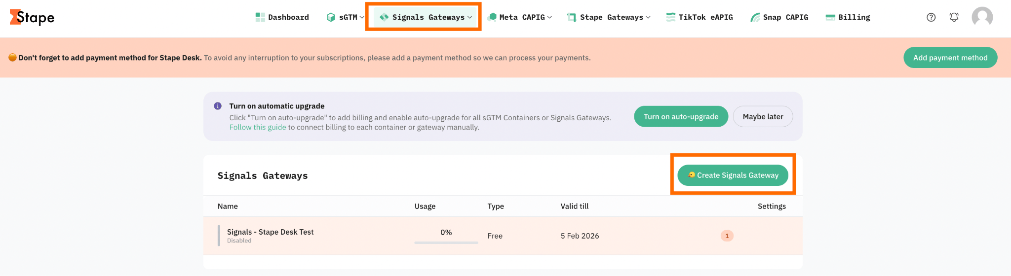 Create Signals Gateway button