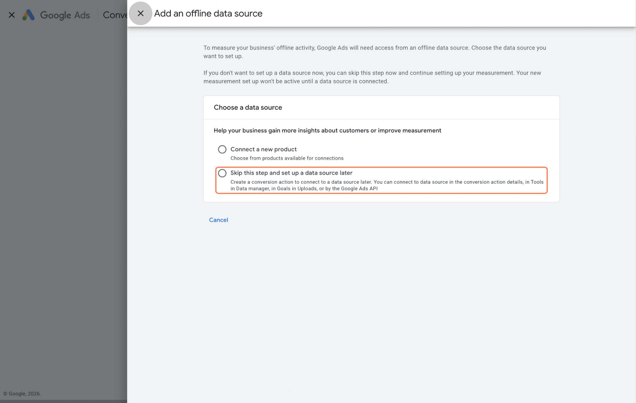 Click on Skip this step and set up a data source later…