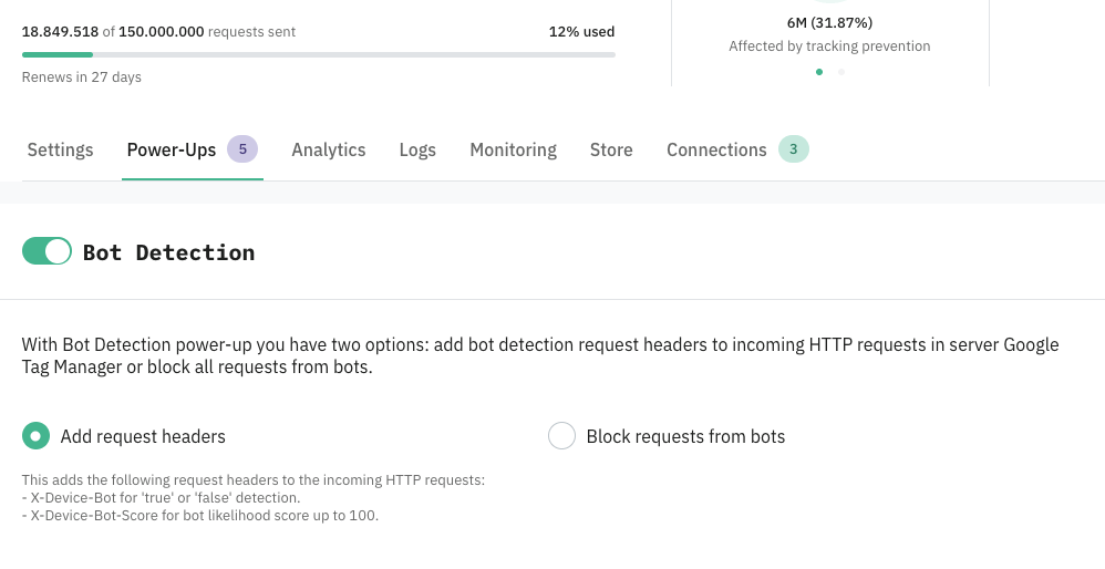 The Bot Detection power-up in reporting mode. Every request gets labelled, nothing is blocked yet.