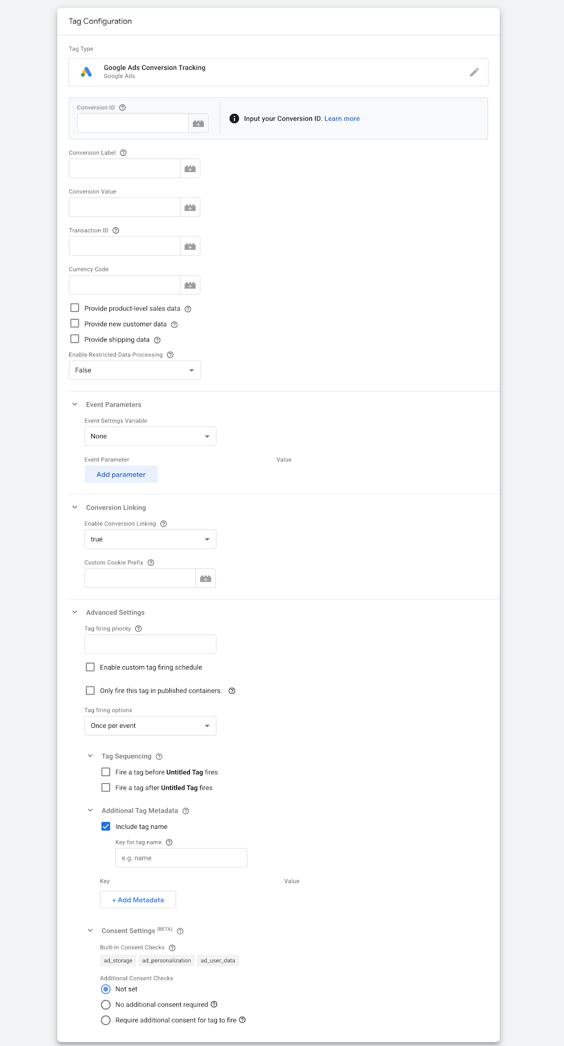 Google Ads Conversion Tracking tag form to fill out