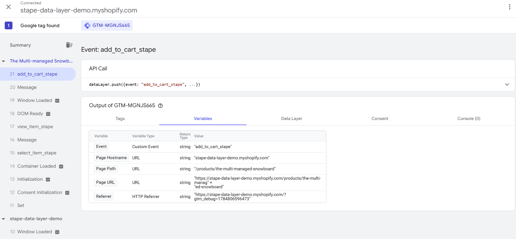 An example of data layer push via Stape Conversion Tracking app