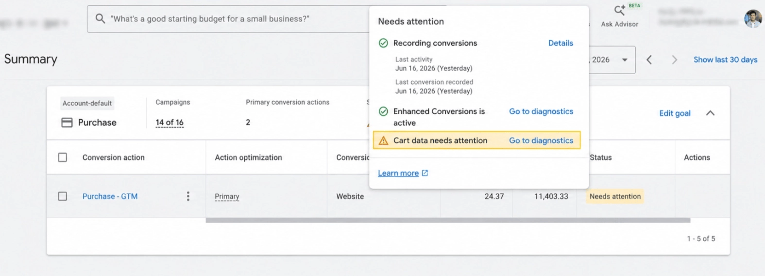 Go to Google Ads → Goals → Purchase goal. You’ll see “Needs attention”, and when you hover over it, it shows “Cart data needs attention”.