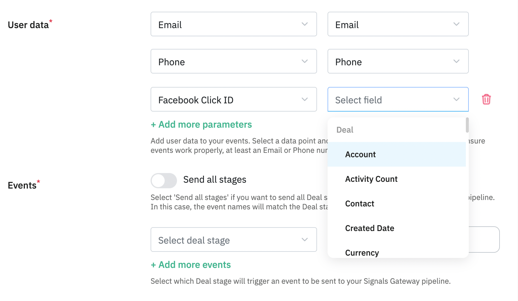 User data configuration
