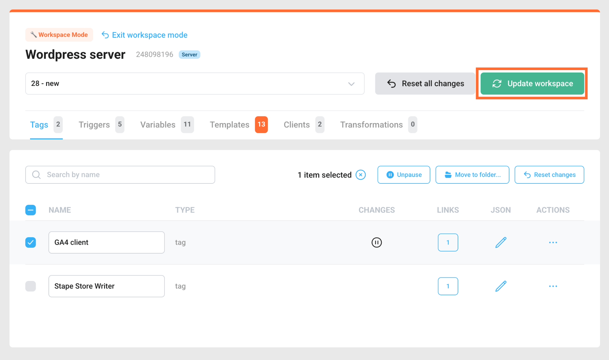 Click Update workspace