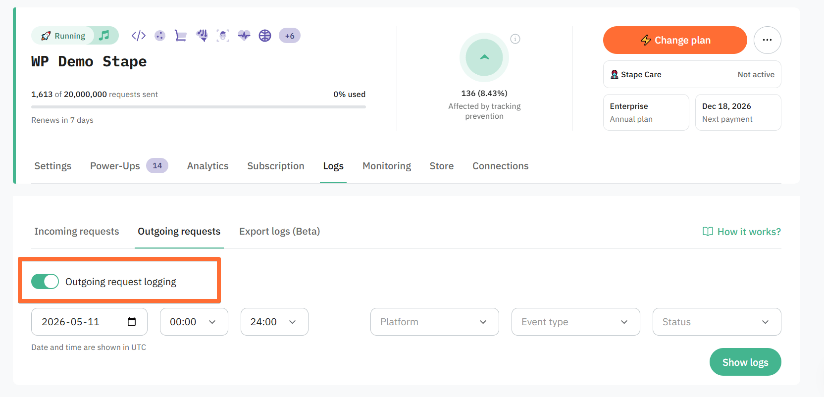 "Outgoing request logging" toggle