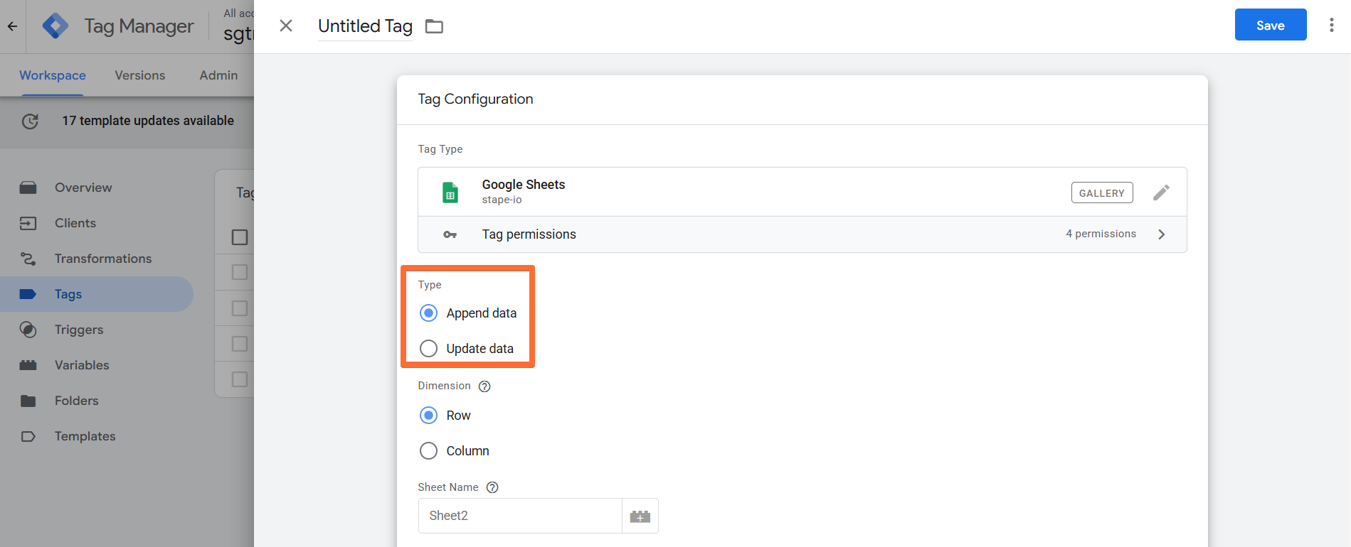 Configure the Google Sheets tag Type parameter