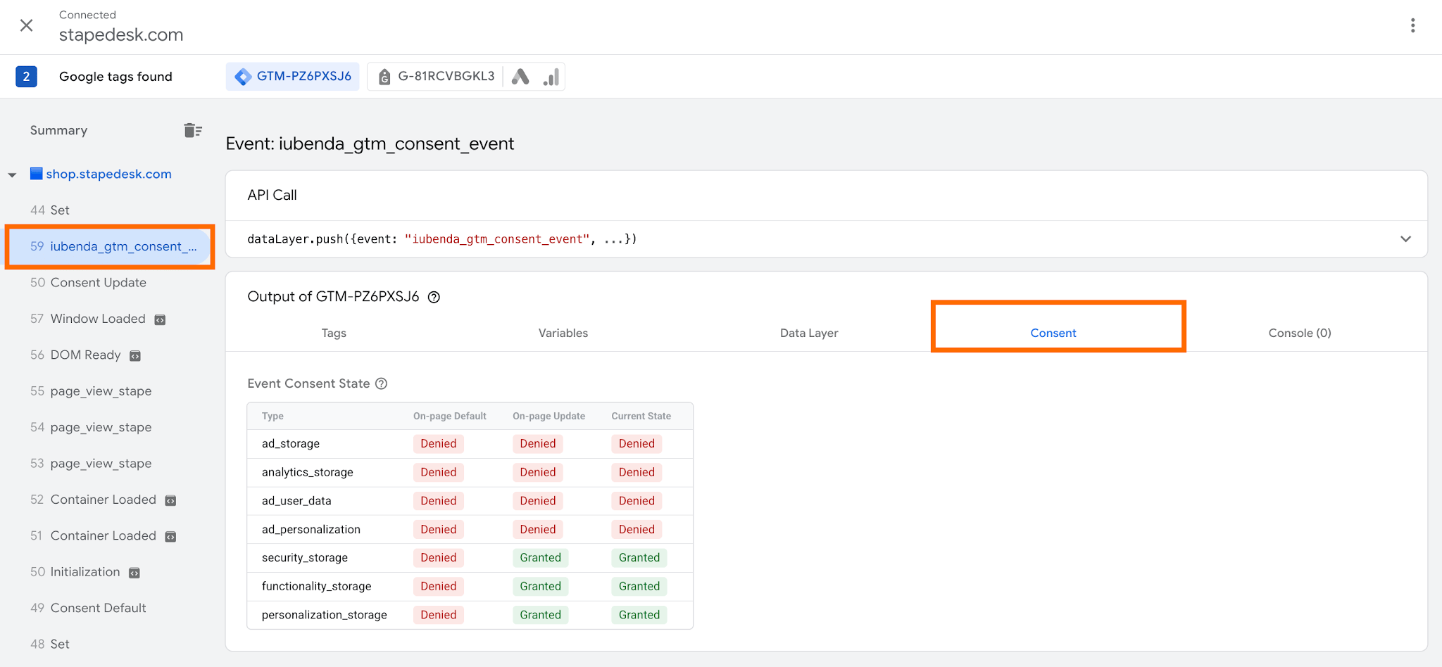 Interact with the consent banner and check the results in the debug window.