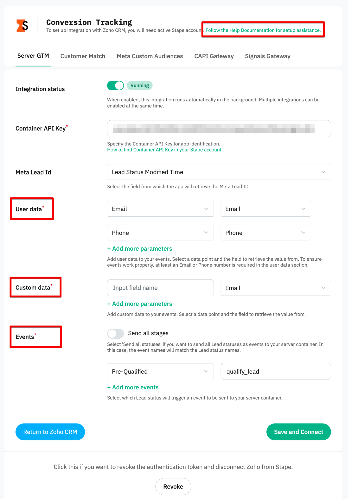 Stape Conversion Tracking Zoho CRM app setup screen