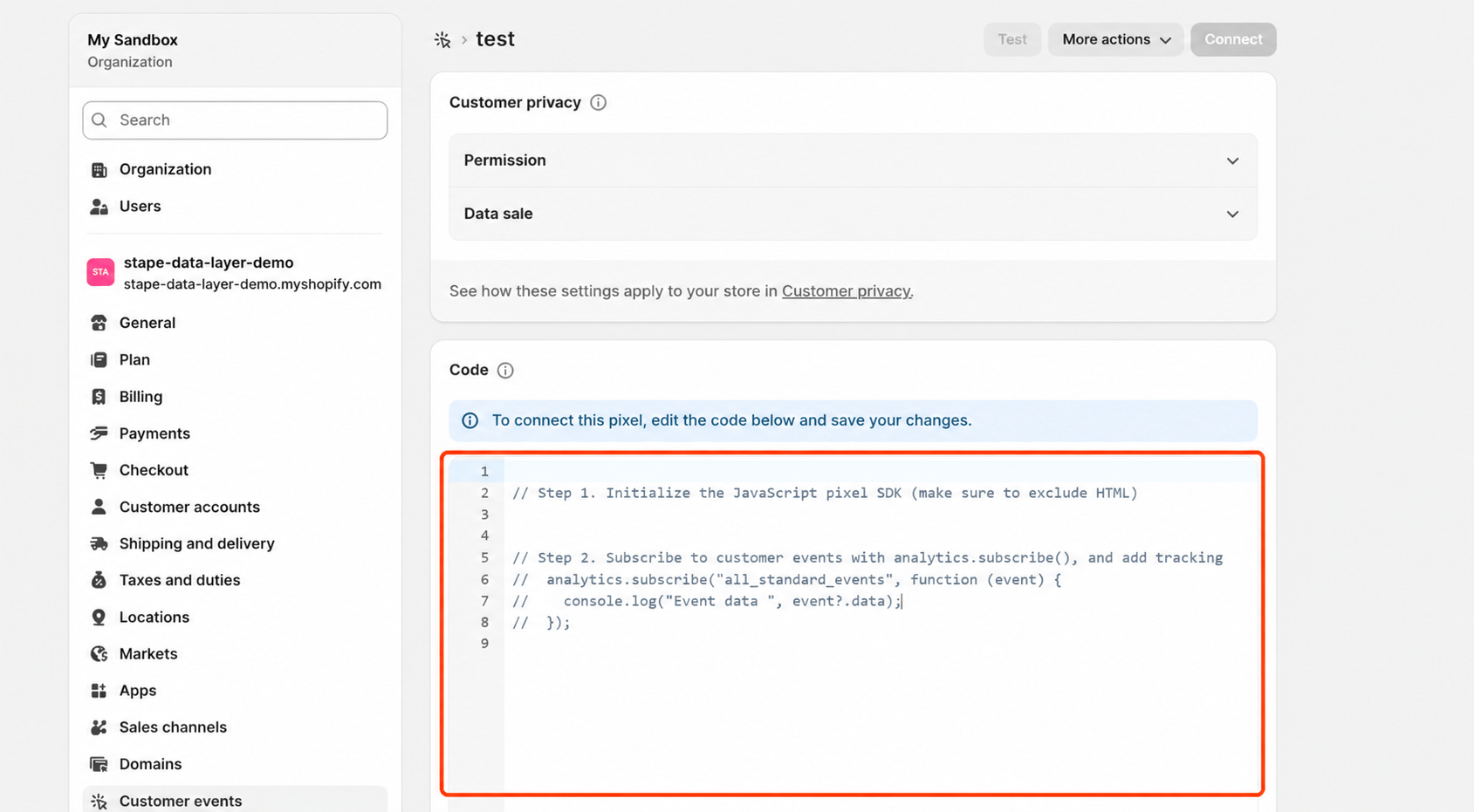 Code in the custom pixel editor