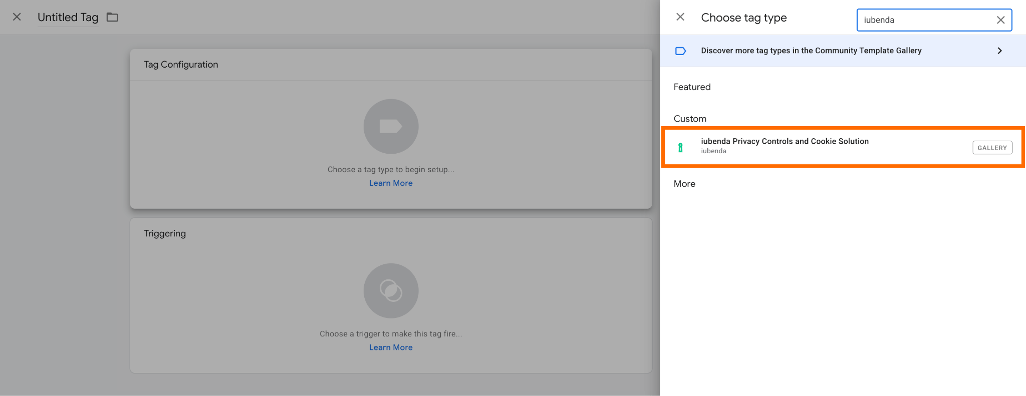 iubenda Privacy Controls and Cookie Solution tag type selection