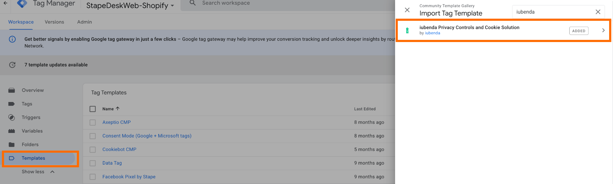 iubenda Privacy Controls and Cookie Solution tag import