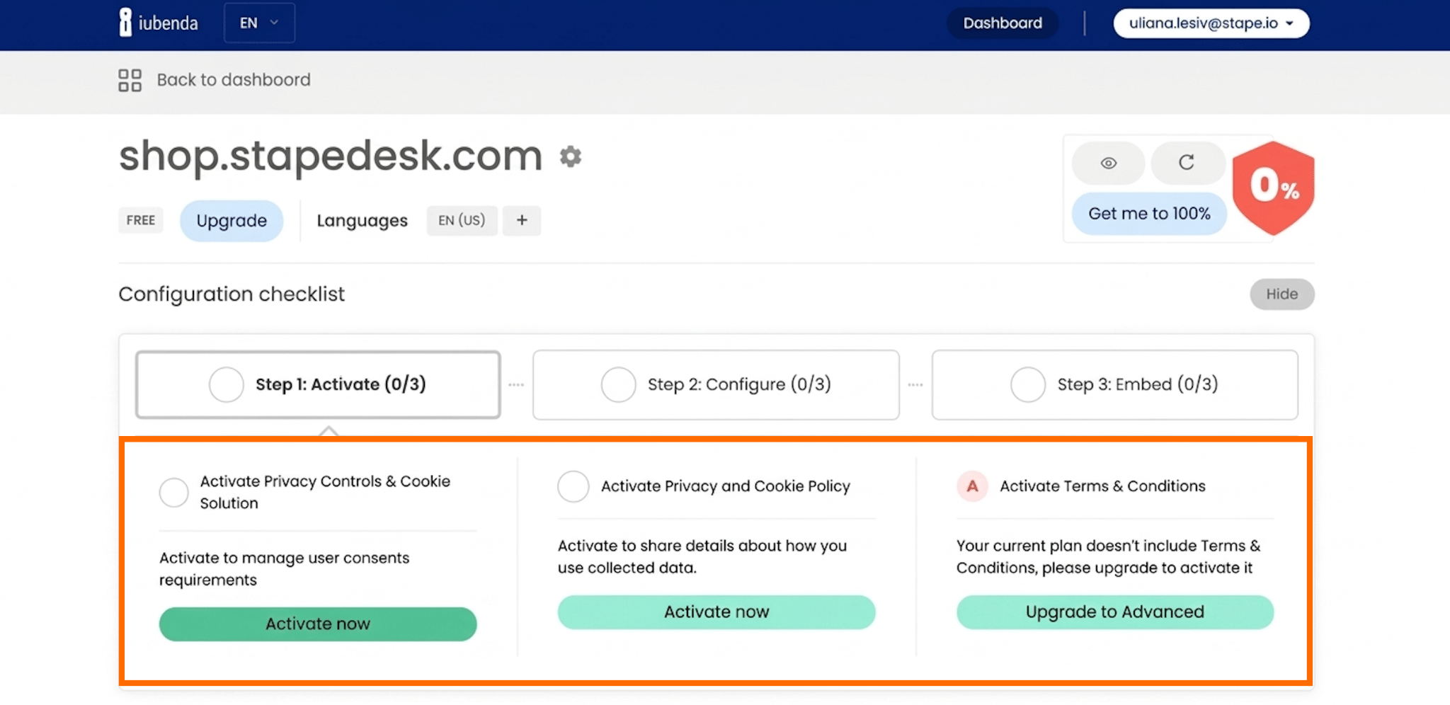 iubenda compliance policies activation