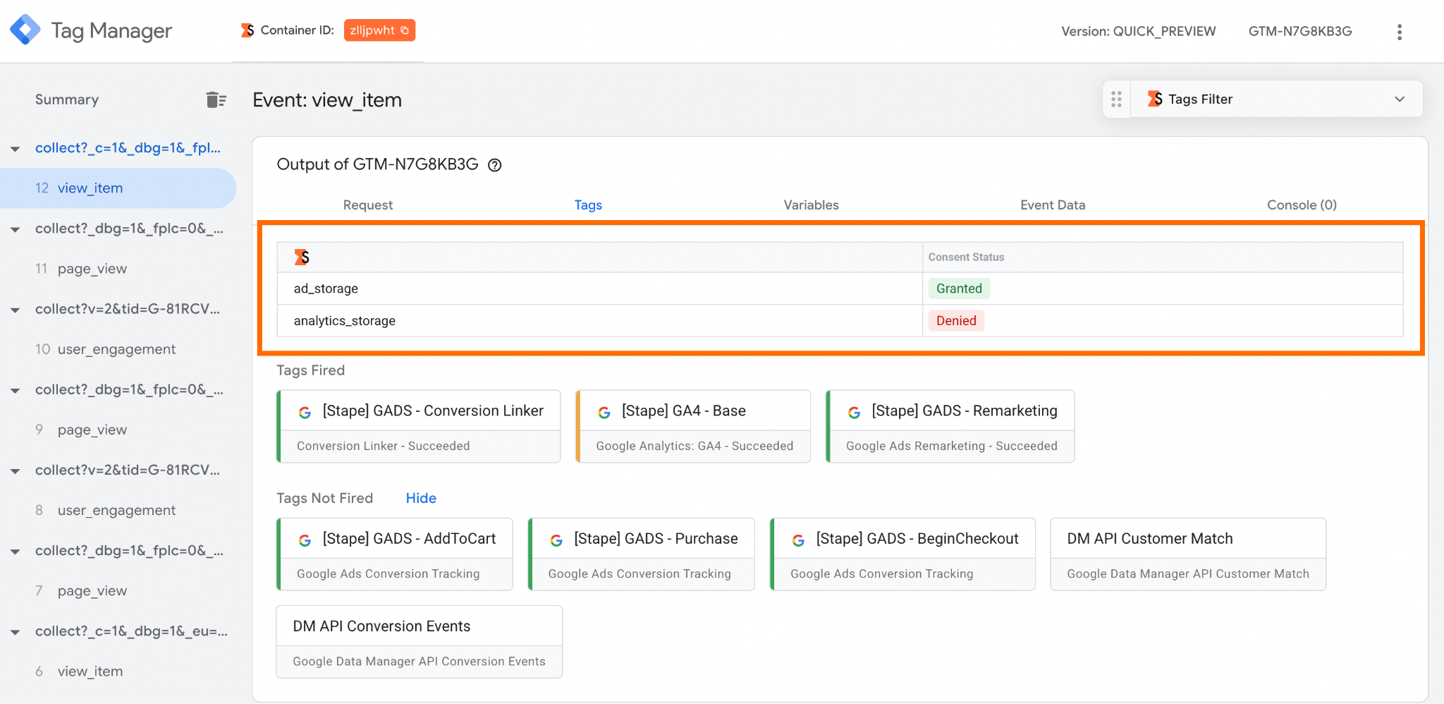 consent status for ad_storage and analytics_storage in sGTM