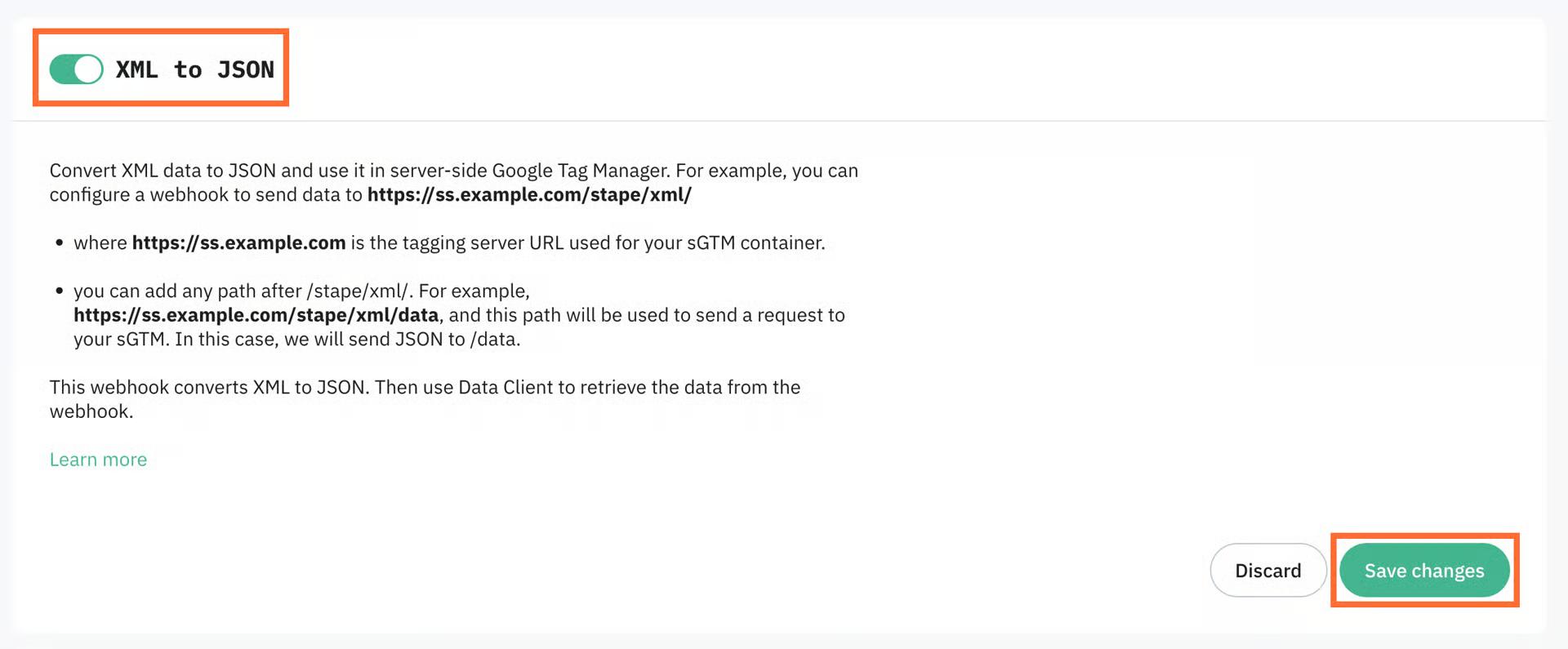 Toggle the XML to JSON switch to enable it, and click Save changes