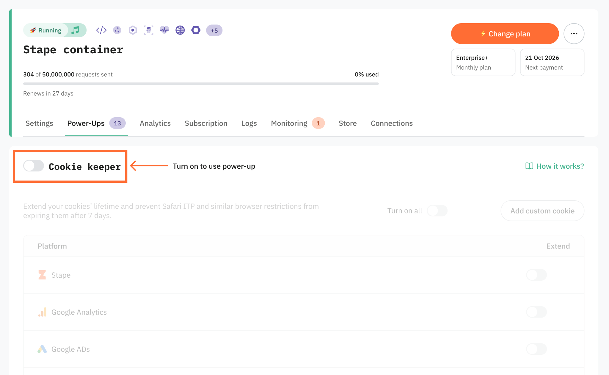 Toggle the Cookie Keeper switch to enable it.