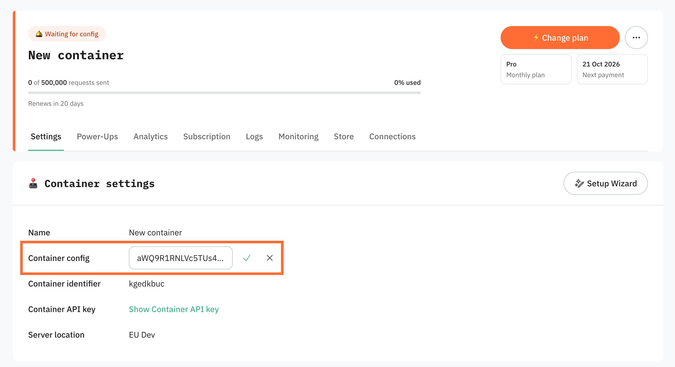 Paste your Container config string