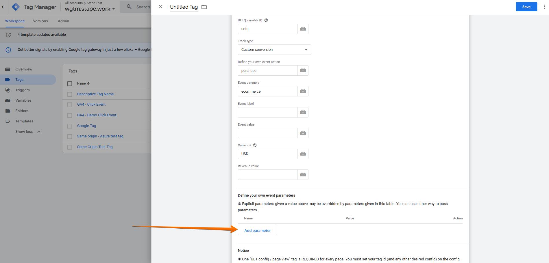 edit microsoft web gtm tag