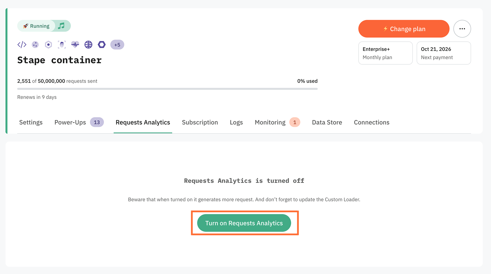 Go to the Requests Analytics tab, and click Turn on Requests Analytics.