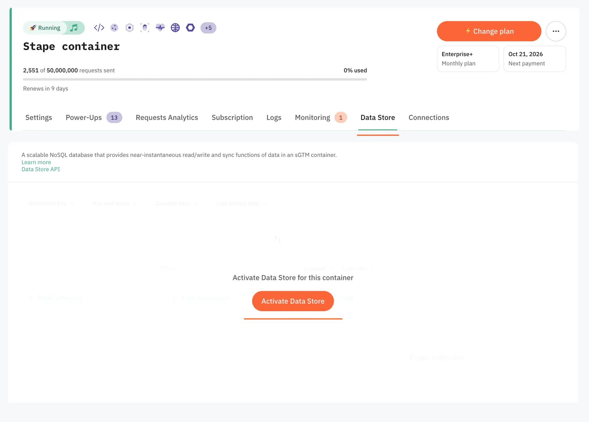 Enable the Data Store inside the Stape container.