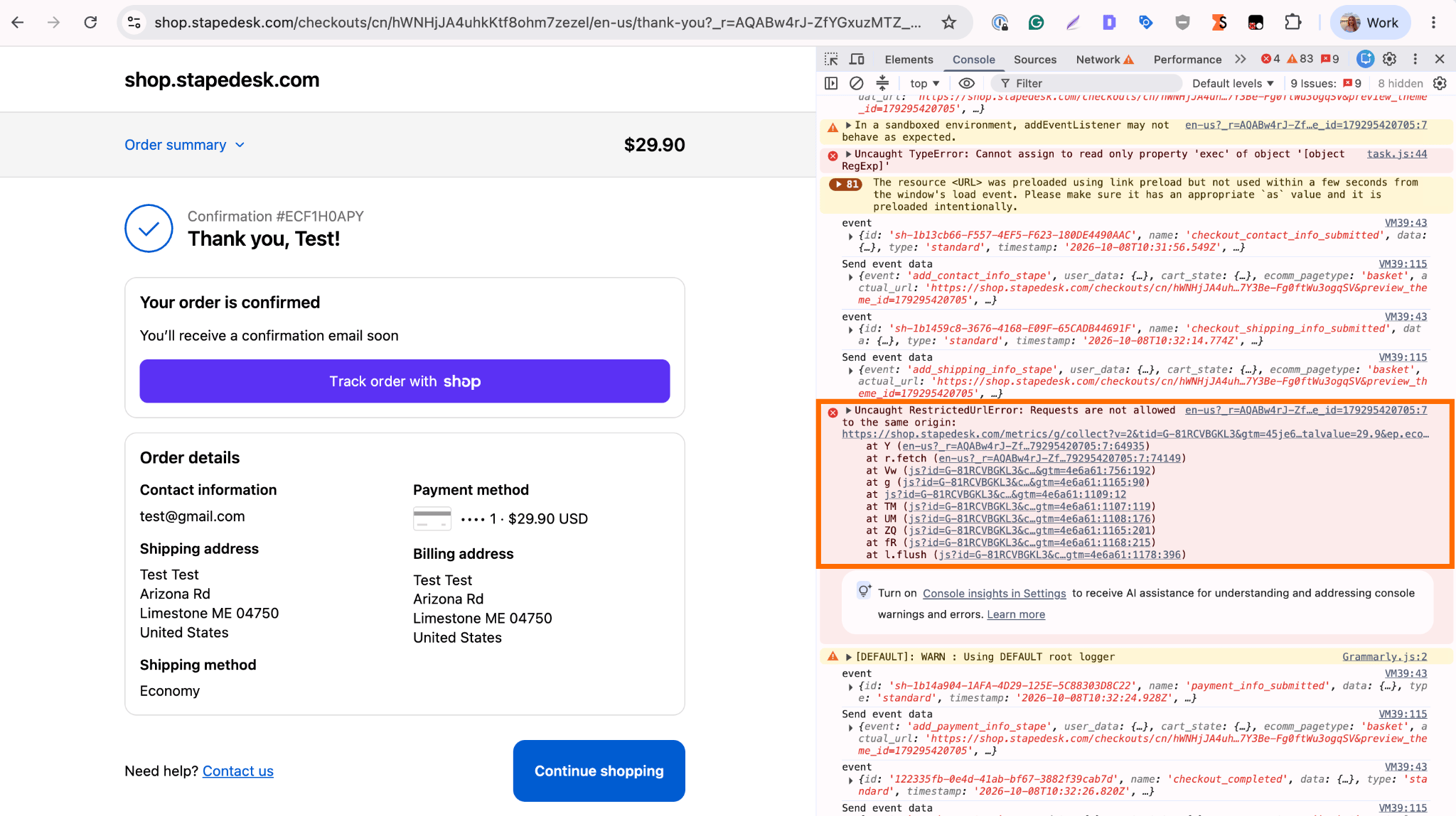 Browser console Howerror