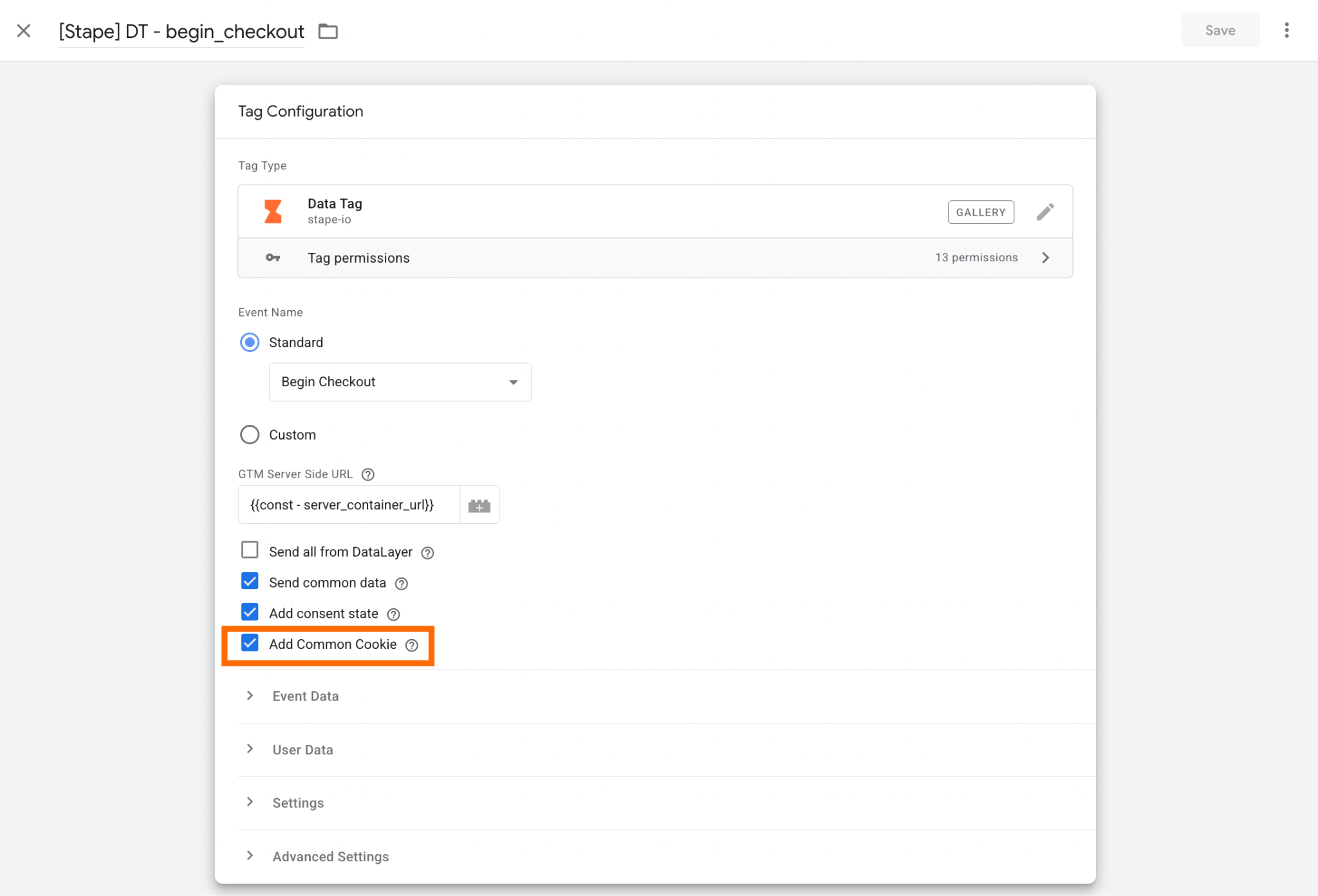 "Add Common Cookies" checkbox in Data Tag config