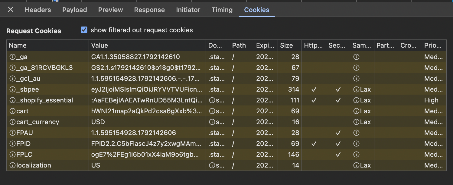 Cookies in Dev Tools