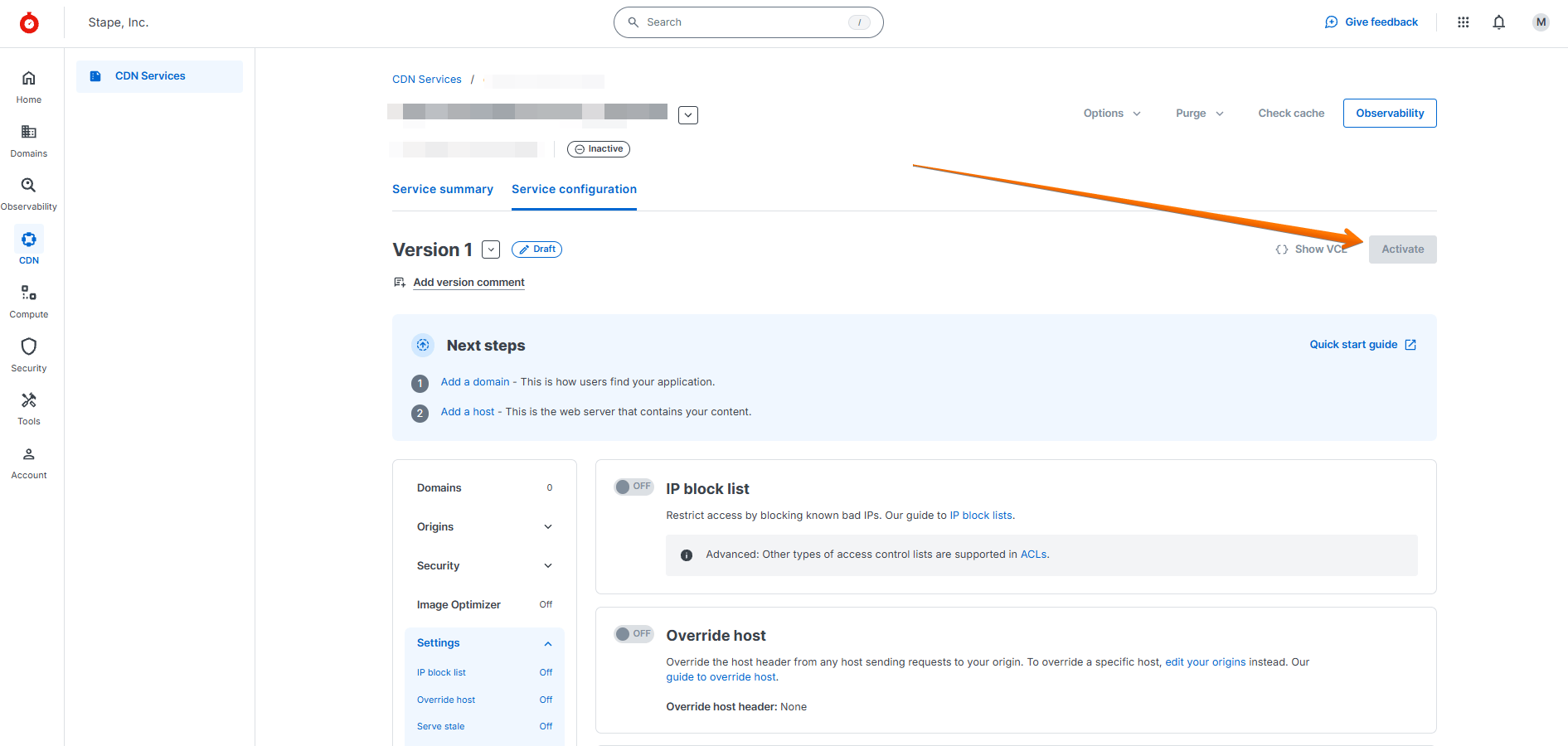 Activate the service version