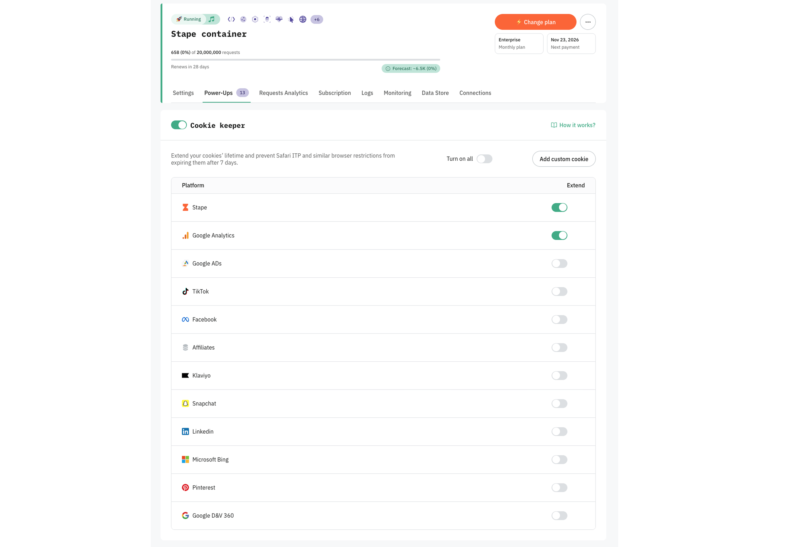 Cookie Keeper is available for Stape users on Pro plans and higher.
