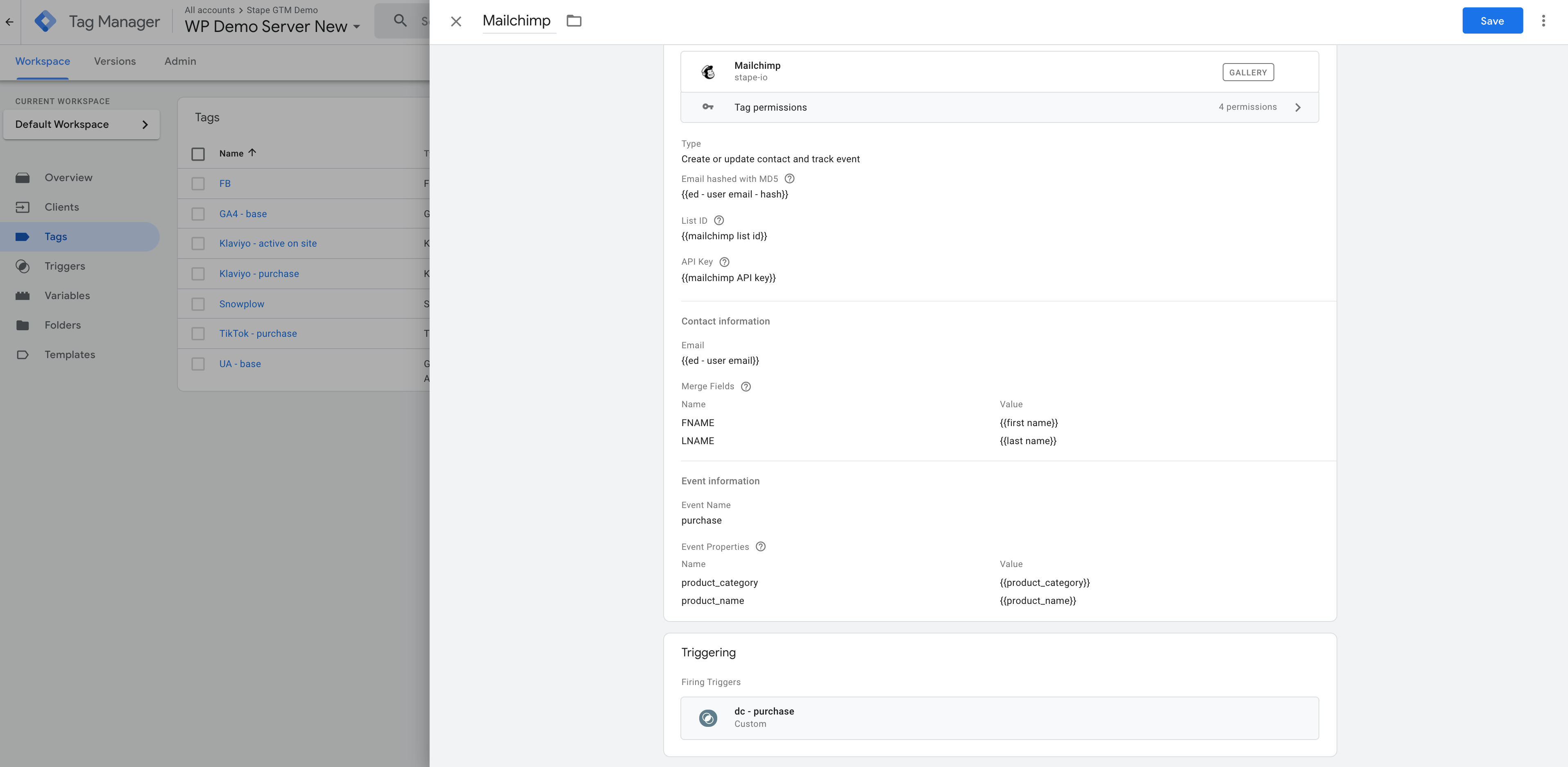 MailChimp track events server-side 