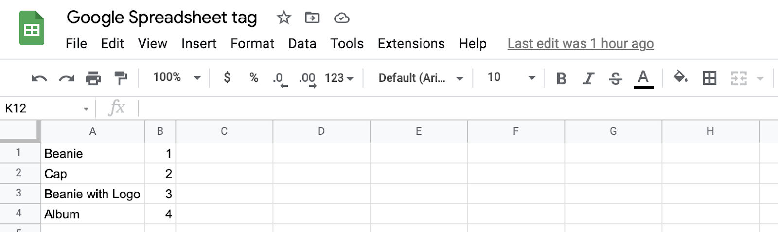 google sheet tag