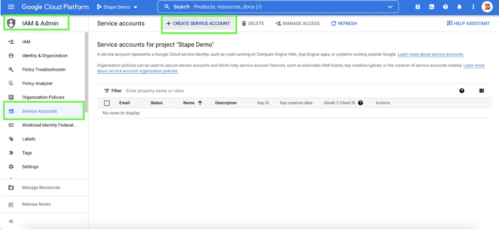 create service account