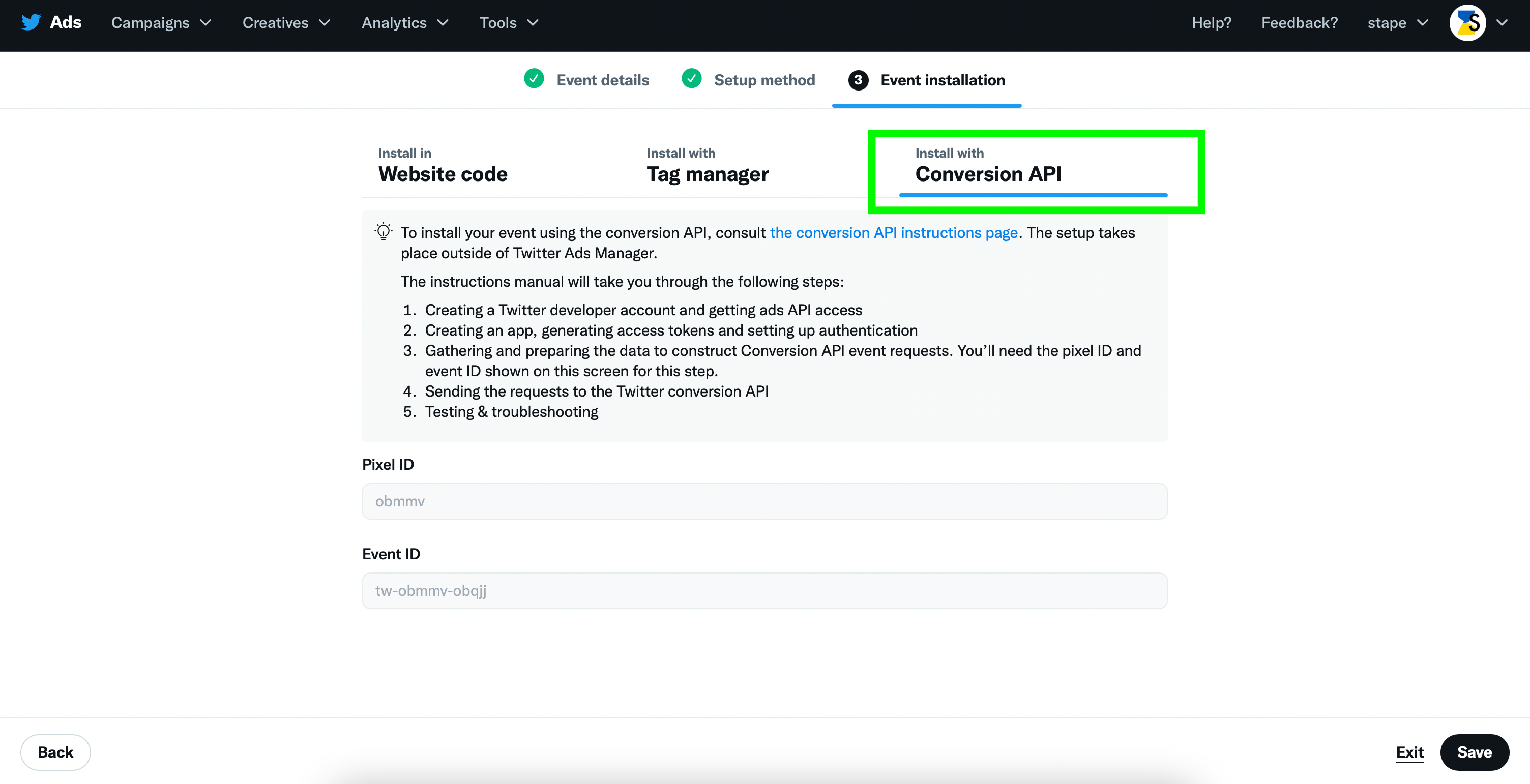 twitter conversion API event
