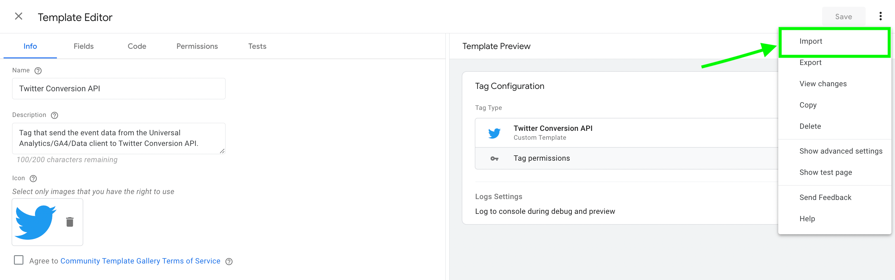 import twitter CAPI tag