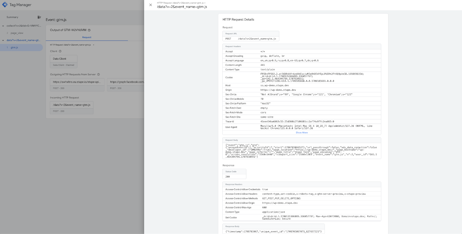 Request tab in server GTM debugger - Stape