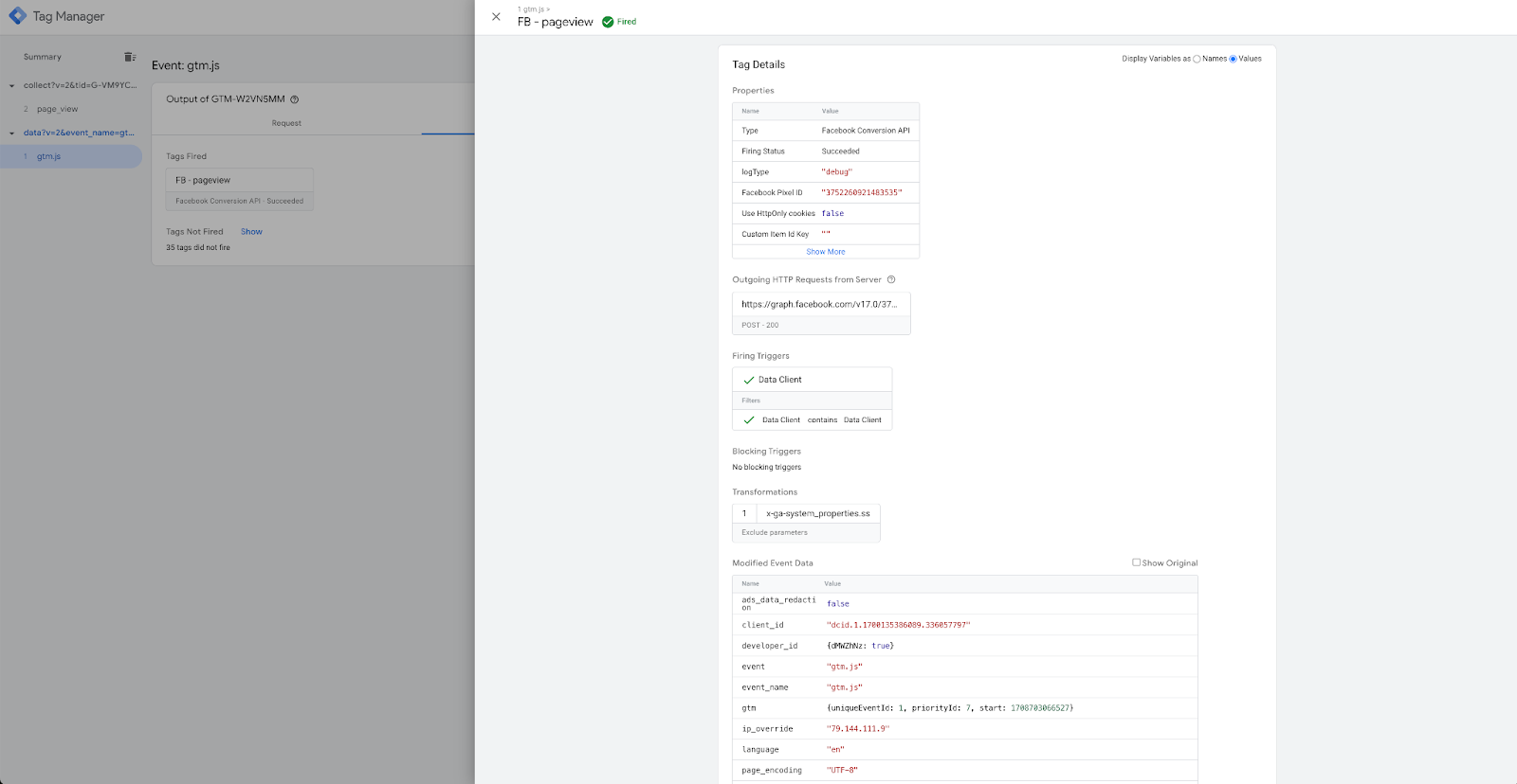 Tags tab in server GTM debugger - Stape