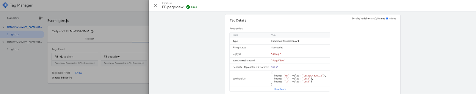 You should see enriched user data in the tag triggered in the sGTM container - Stape 