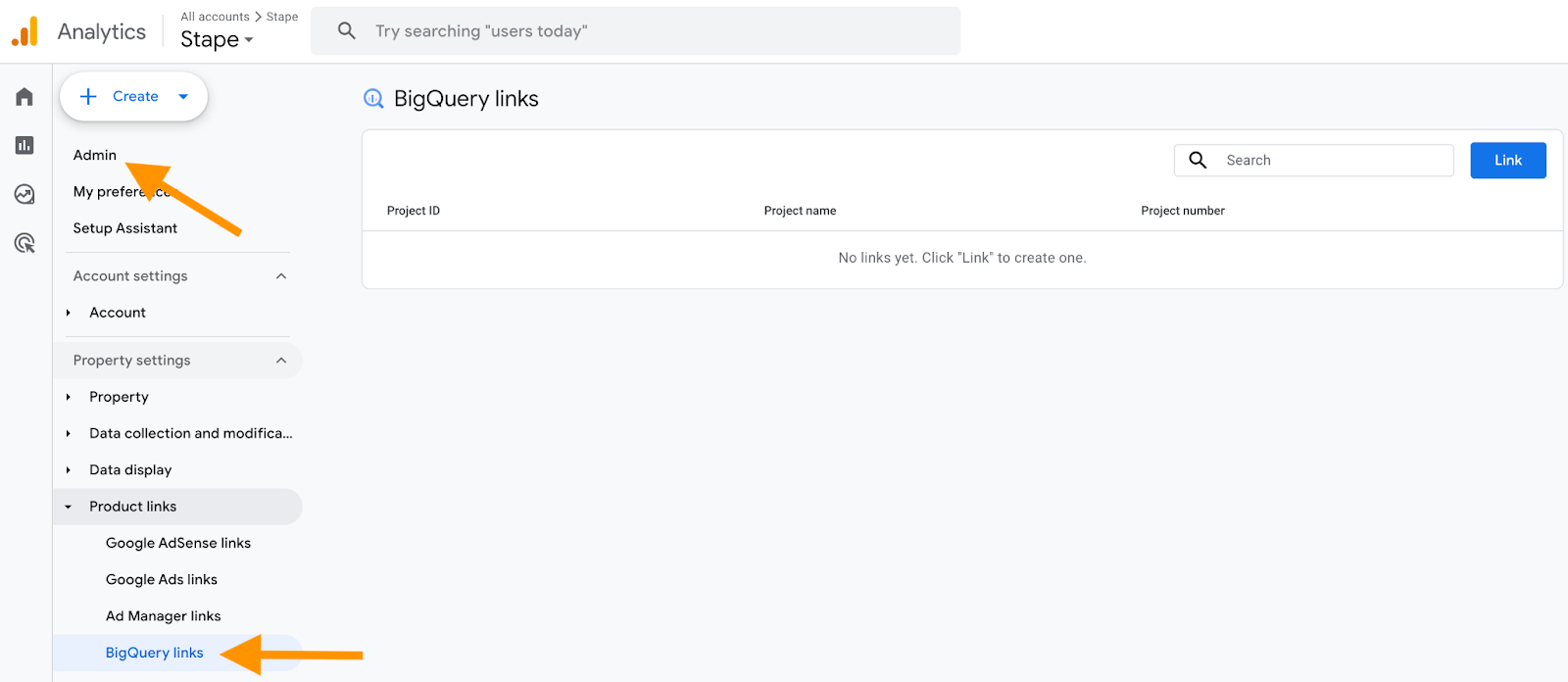 BigQuery links in Google Analytics account