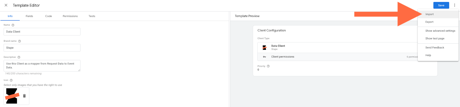 three dots on the top right corner → Import Data Client