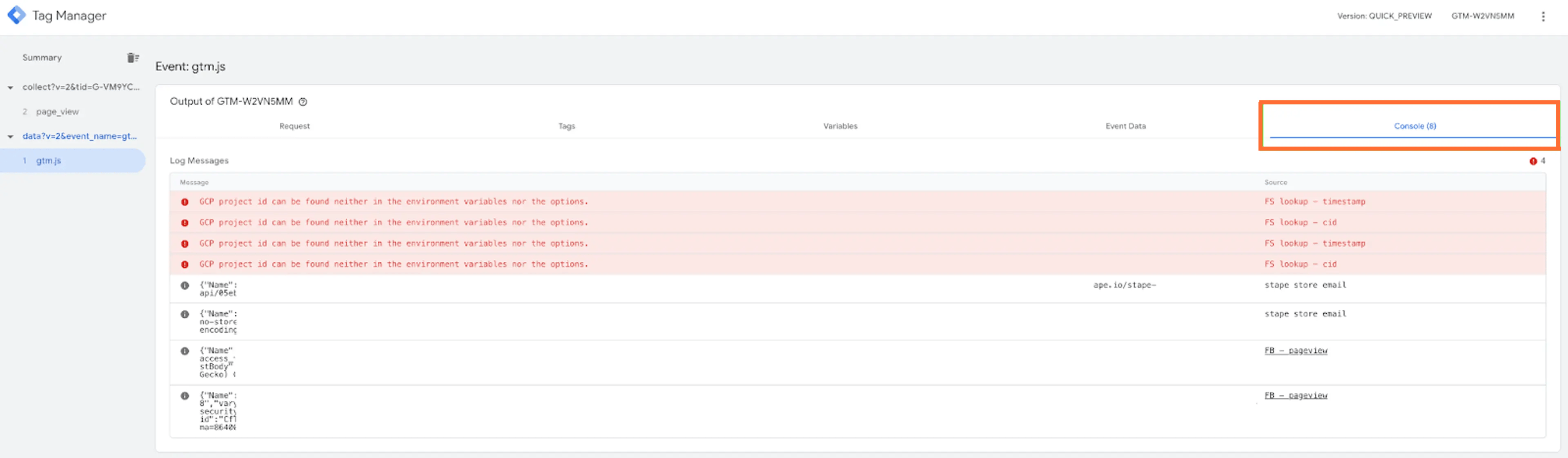 Console tab in server GTM debugger - Stape