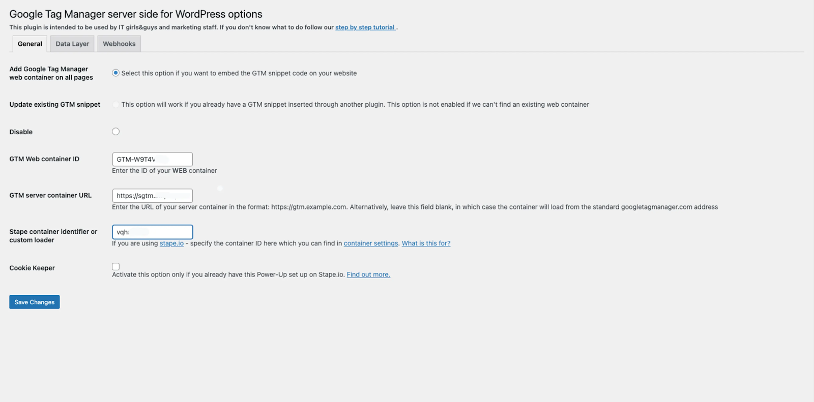 WEB Google Tag Manager ID, tagging server URL, and stape container identifier if you use a custom loader.
