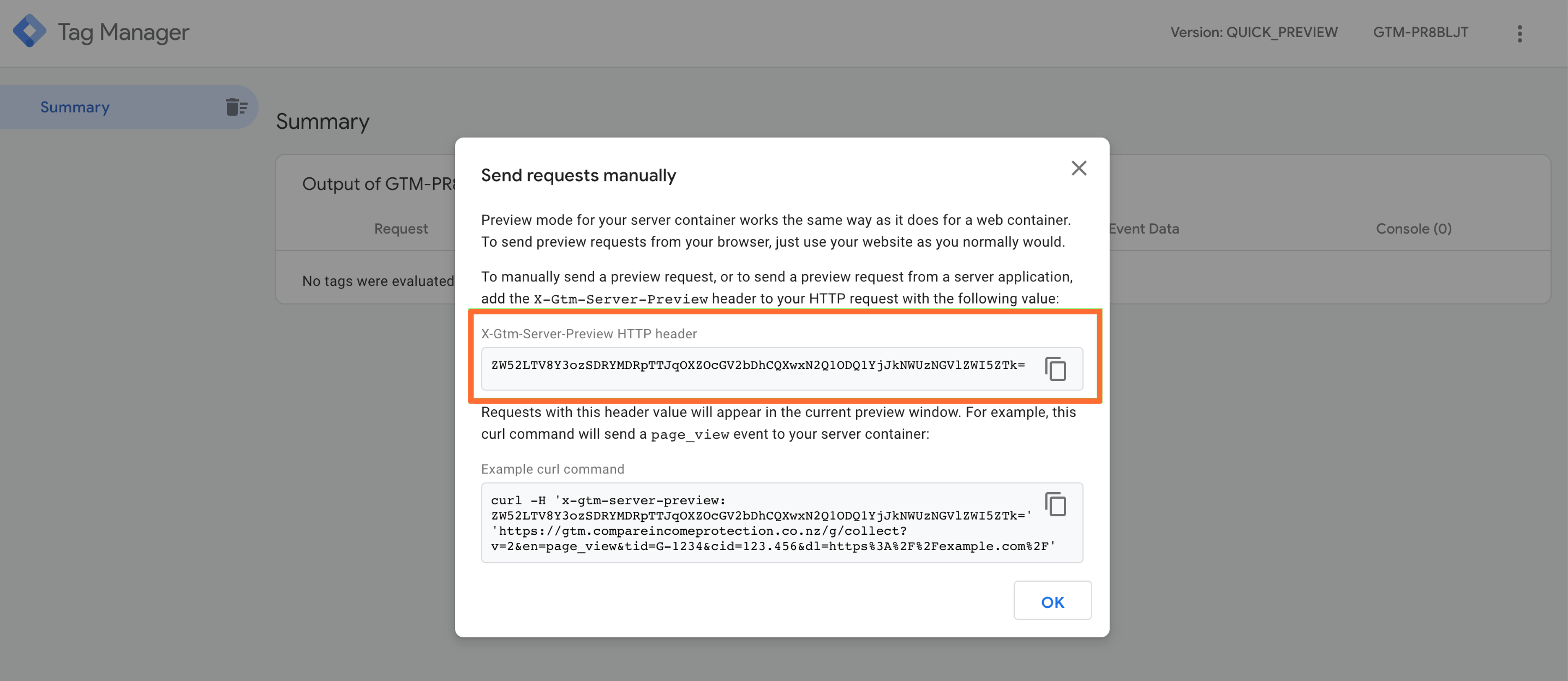 server google tag manager preview header