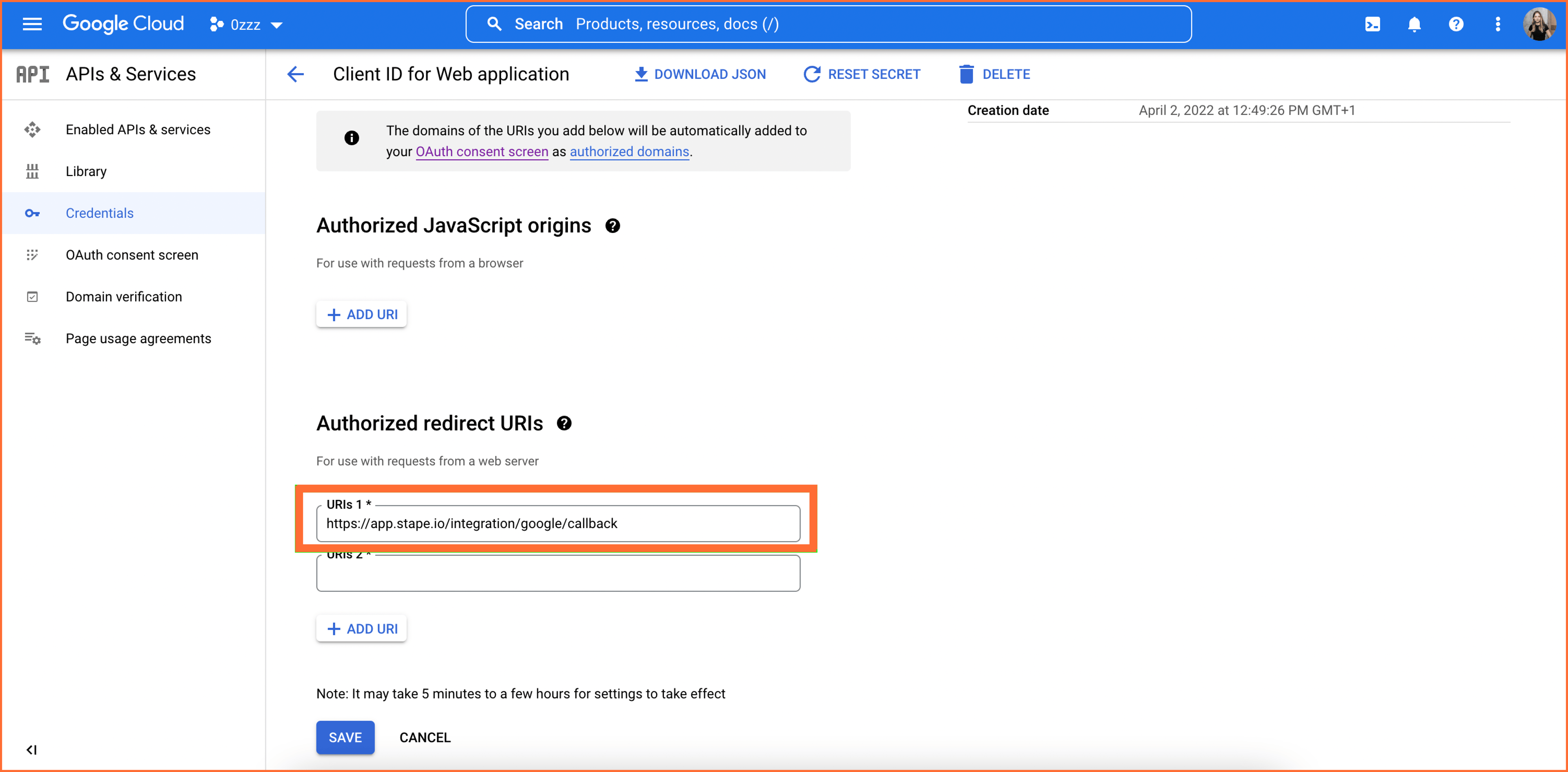 Add Authorized redirect URIs