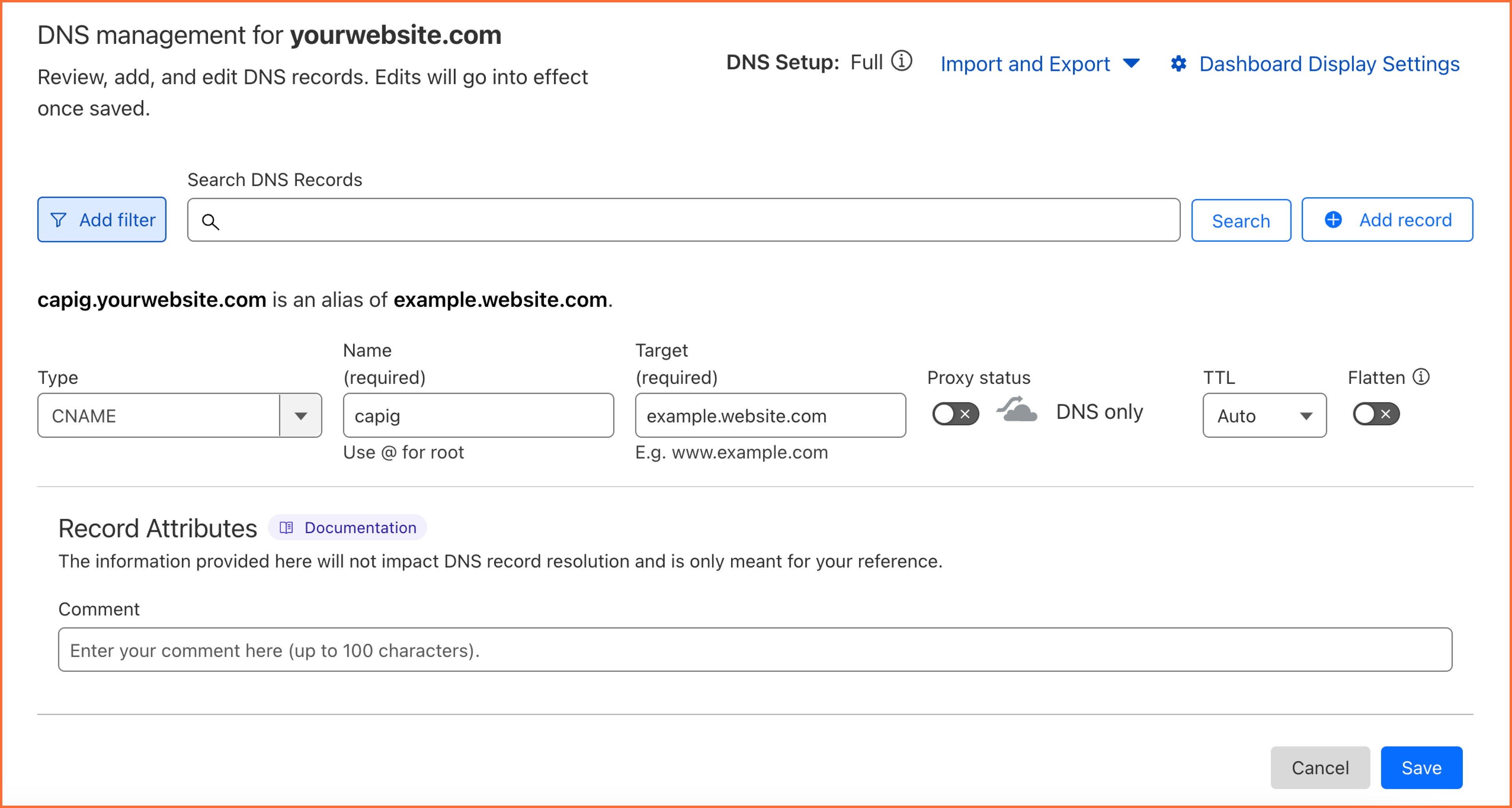Example of DNS record