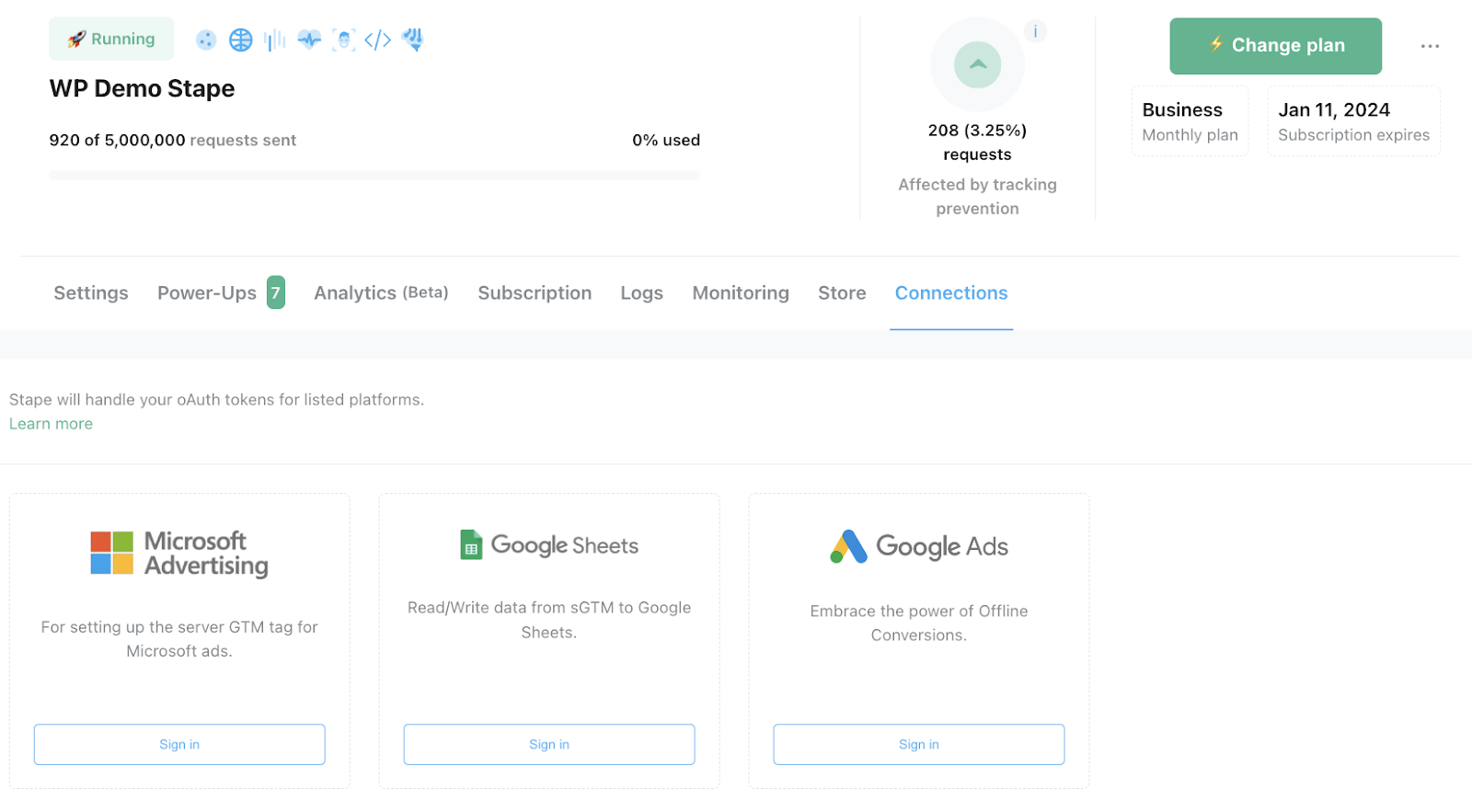 Connections dashboard