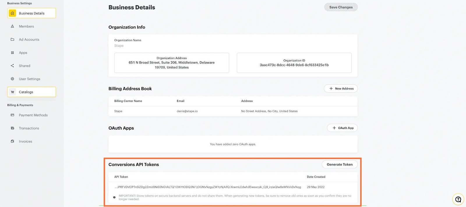 Conversions API Tokens section
