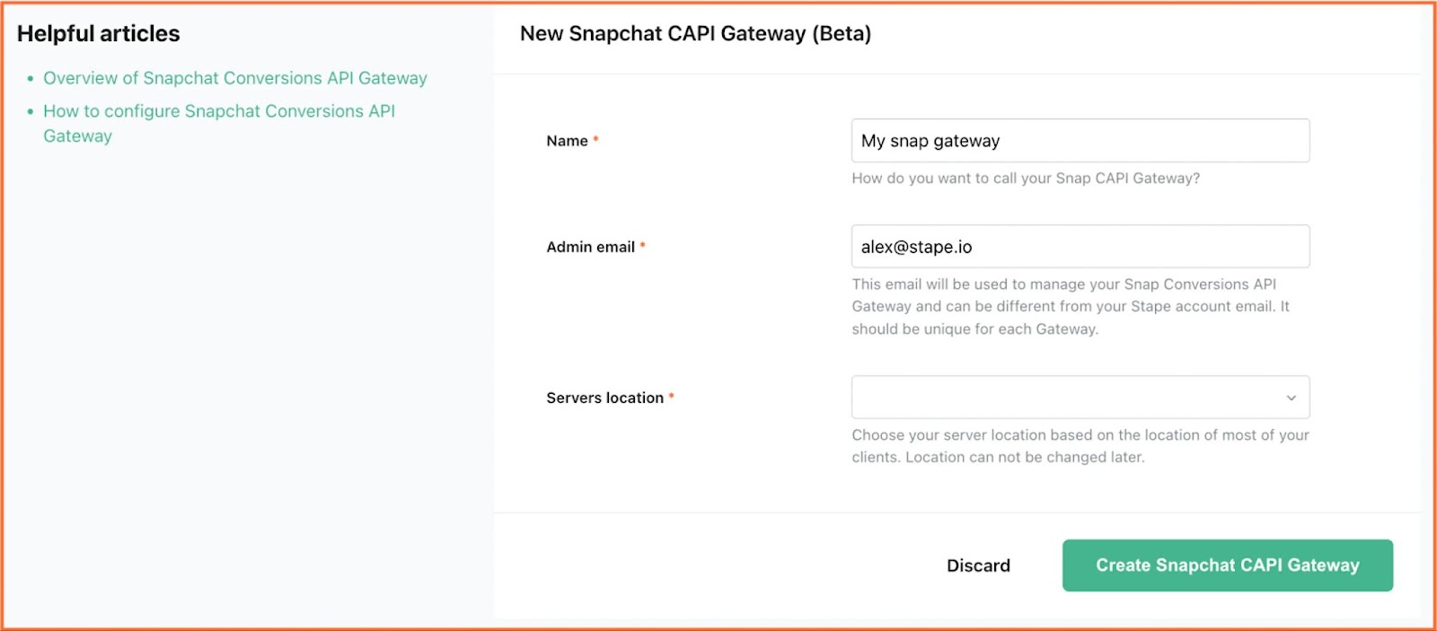 Click "Create Snapchat CAPI Gateway"