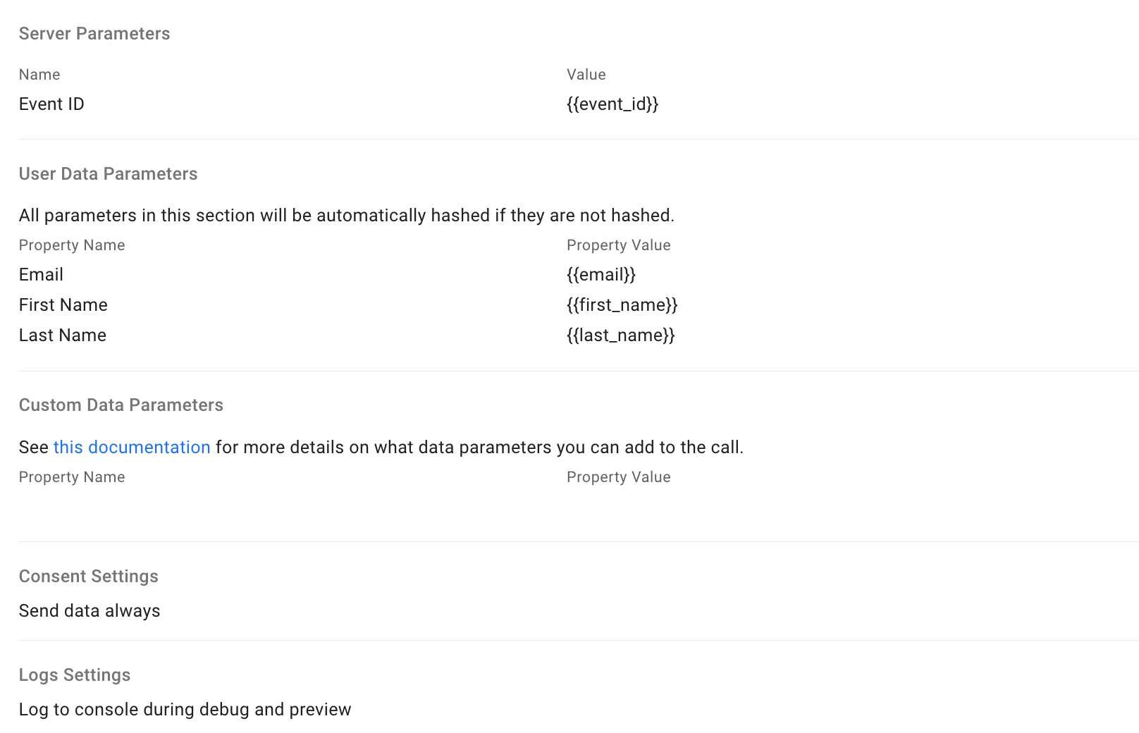 Add the server, user data, and/or custom data parameters