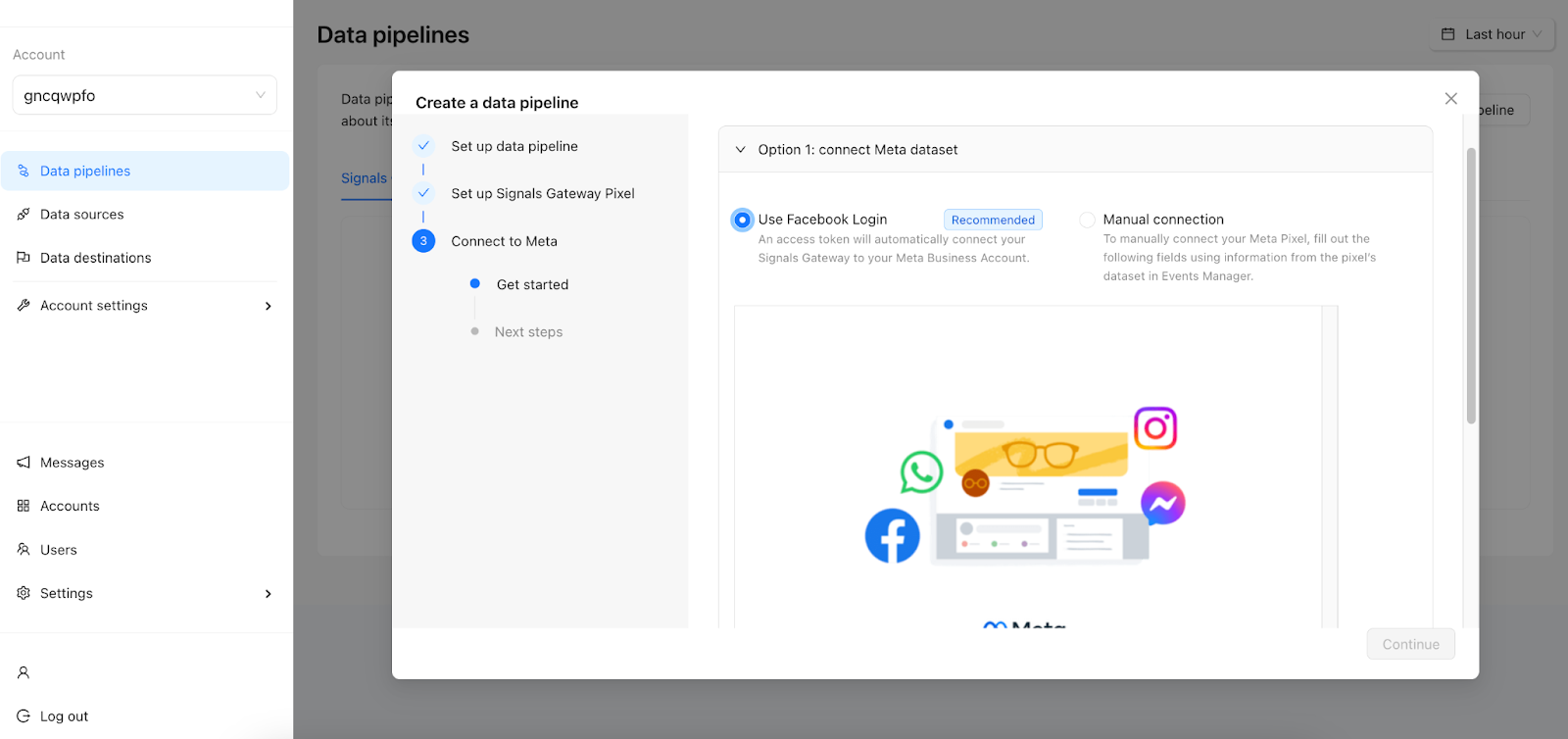 Puede utilizar el inicio de sesión de Facebook para conectar automáticamente su Signals Gateway a su cuenta Meta Business.